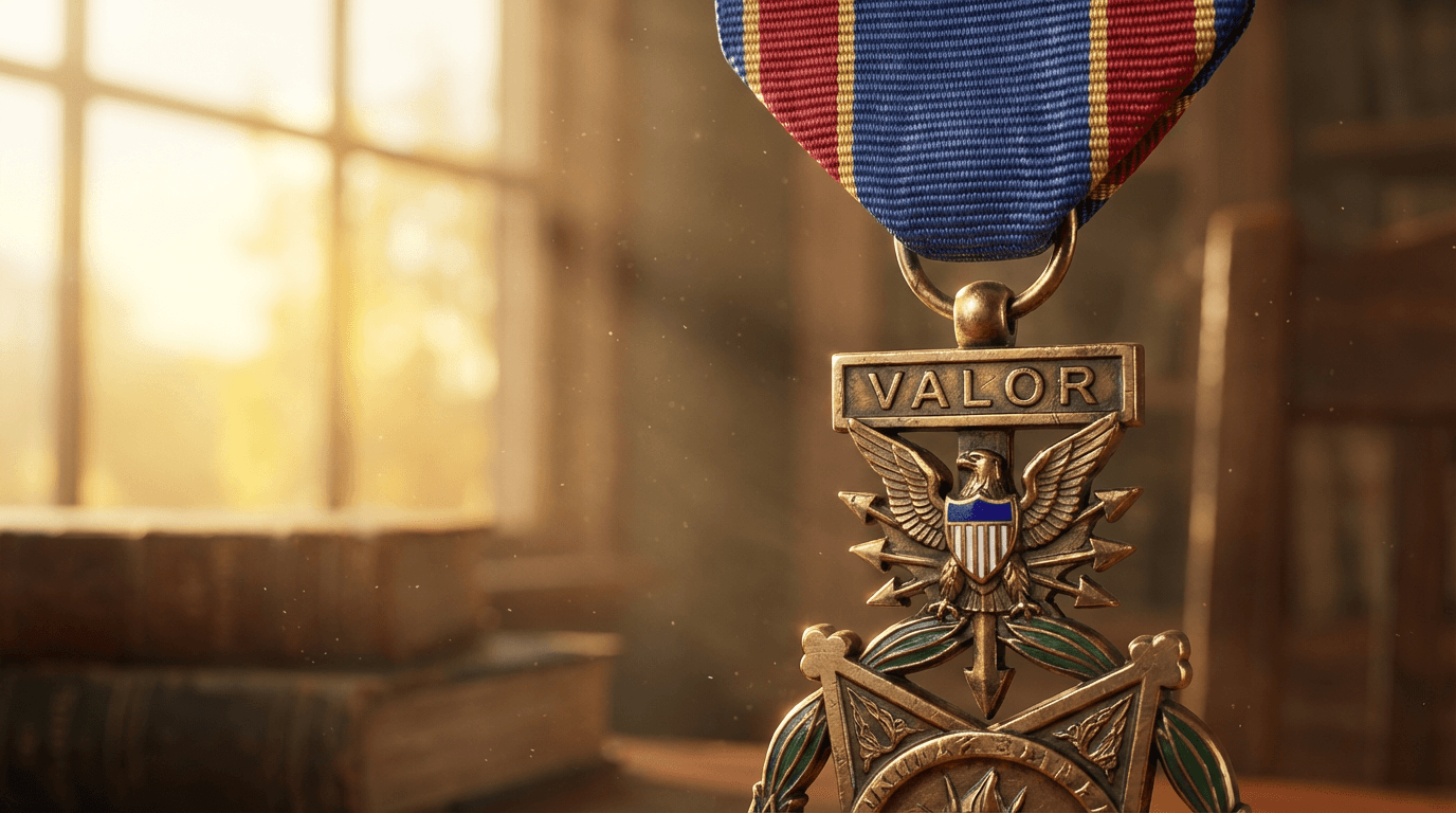 Military service medal suspended in golden light with floating dust motes and soft background blur.