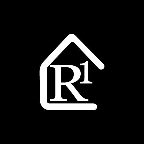White stylized house outline containing the letter R and superscript one on a black background.