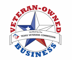 Veteran-Owned Business logo featuring a Texas flag star and Texas Veterans Commission verification banner.